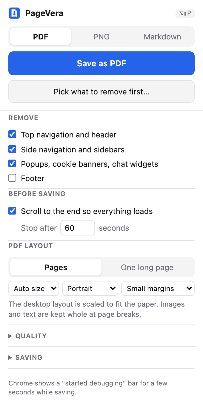 The extension's popup, with the Save as PDF button and options for what to remove, scrolling and page layout